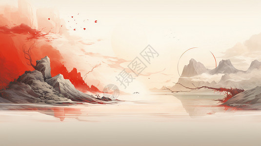 中式极简极简风格的中国风山水画插画