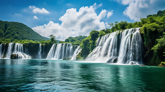 夏季森林山间瀑布的美丽景观背景图片