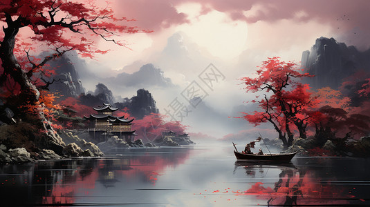 湖泊旁鲜红的枫树景观图片