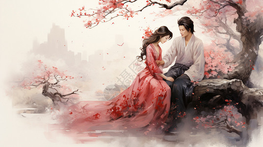 樱花树下的浪漫情侣图片