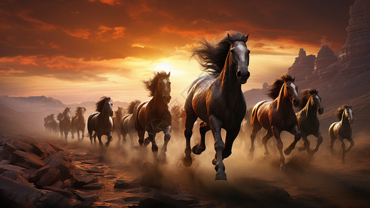 河流上飞驰的马群背景图片