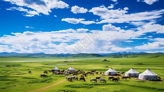 草原上的马群和帐篷美丽高清图片素材