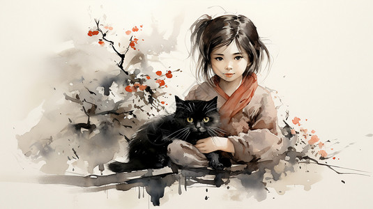 可爱的小女孩与黑猫泼墨插画背景图片