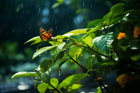 下雨天蝴蝶在树叶上背景图片