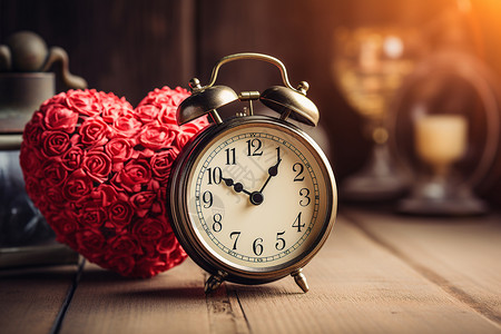 时间金属素材复古闹钟与玫瑰爱心背景