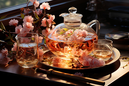 中国传统茶具摆放于茶桌上图片