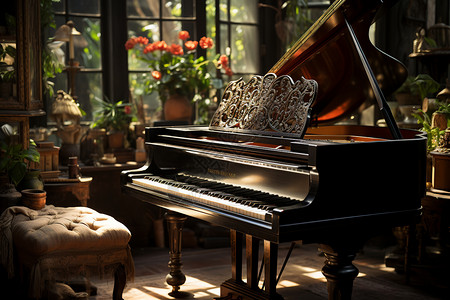 清晨阳光下的古典钢琴图片