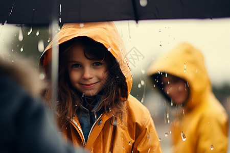 小女孩在雨中撑着伞图片