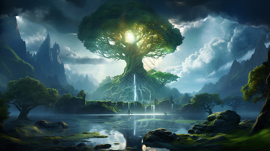 幻想的树木插画背景图片