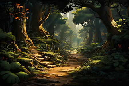 夏季丛林秘境的美丽景观插画