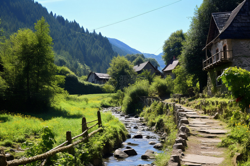 郁郁葱葱的山间乡村景观图片