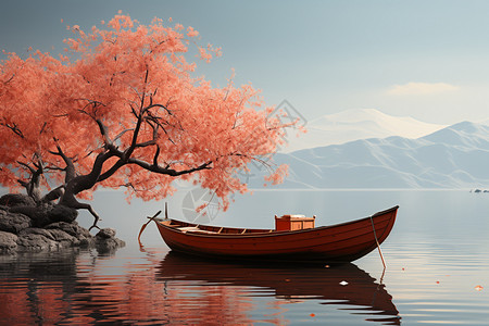 岸边的树木和小船背景图片