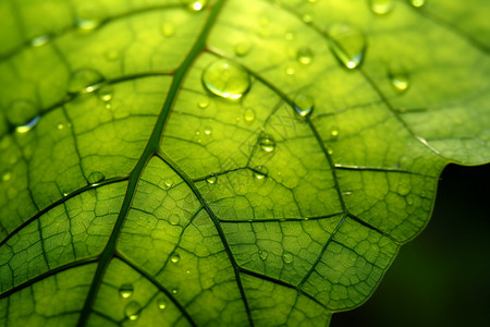 绿叶的宏观纹理与水滴背景图片