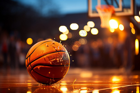 篮球场夜景雨后篮球场上的篮球背景