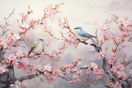 中式古风创意花卉鸟类插图图片