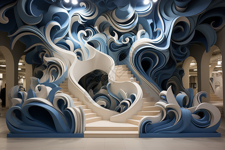 雕塑壁画艺术感海浪立体楼梯设计图片