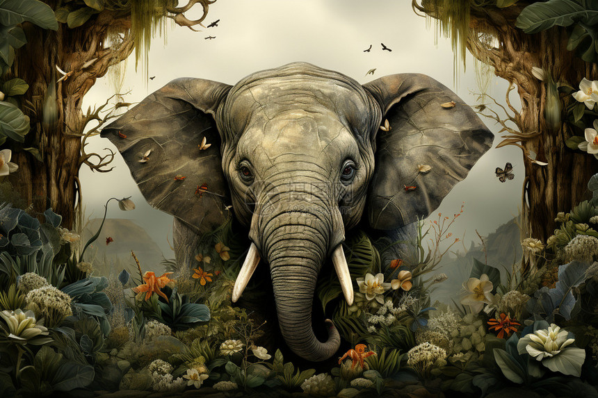 丛林中的卡通大象插图图片