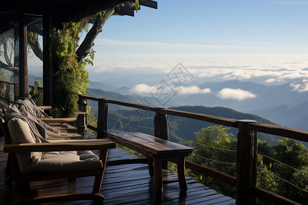 木甲板日光躺椅山巅云雾间的木平台背景