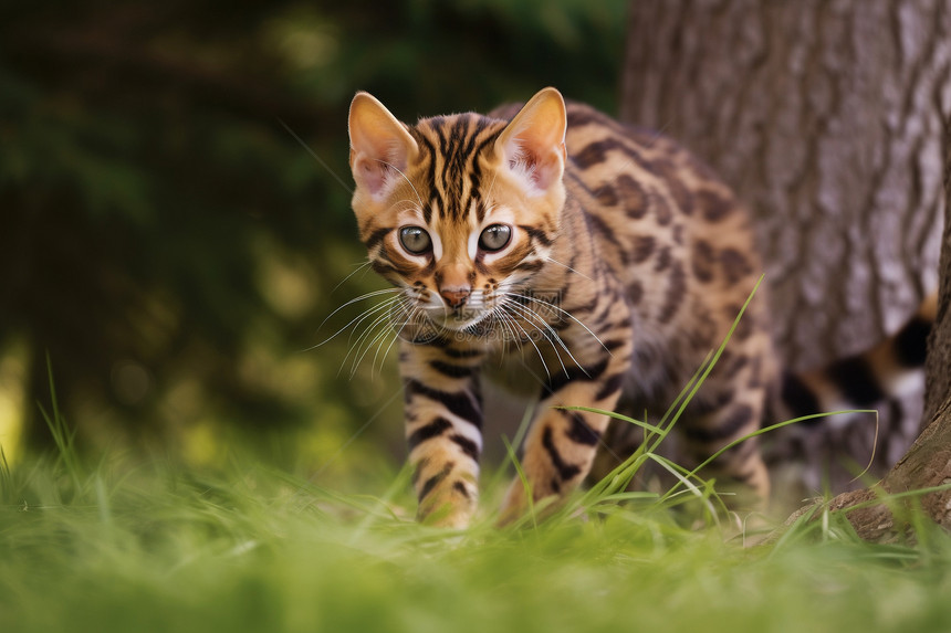 草地上行走的猫图片