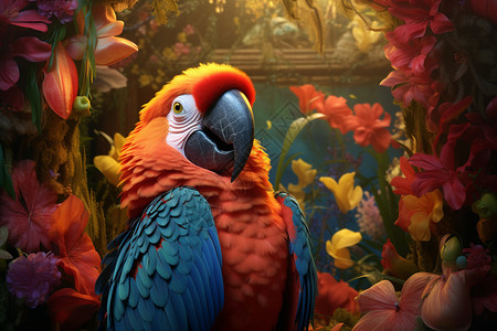 花丛中可爱的鹦鹉背景图片