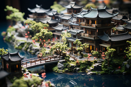 可爱粘土小鹦鹉微型模型展示的中国江南水乡设计图片