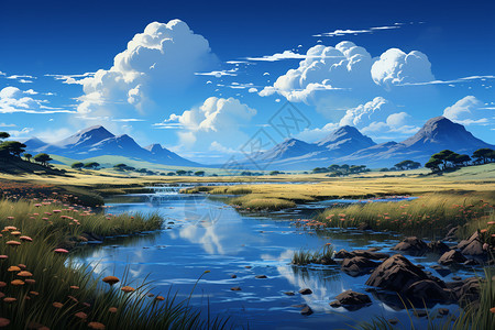天蓝白云下的草原背景图片