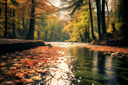 河流里流淌的叶子图片