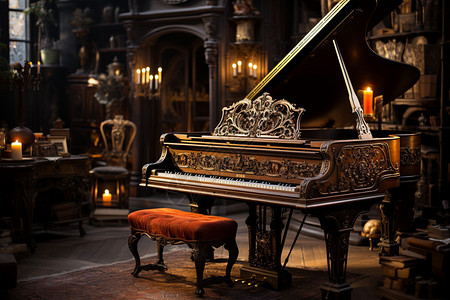 钢琴复古素材琴房暗夜中的璀璨弹奏背景