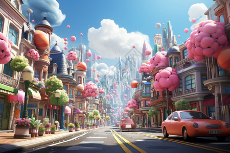 小镇街道3D梦幻城市设计图片