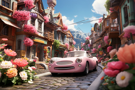 小镇街道街头花海中的粉色小车设计图片