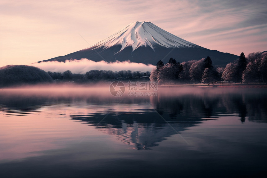 富士山倒映湖面图片