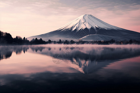 富士山倒映于湖面的云海图片