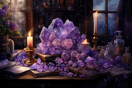 石头烛台紫色水晶和蜡烛插画