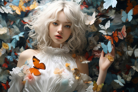白发少女与蝴蝶共舞背景图片