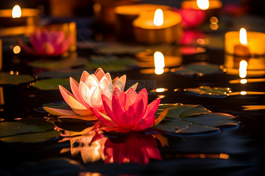 湖上漂浮的蜡烛和粉色花朵图片