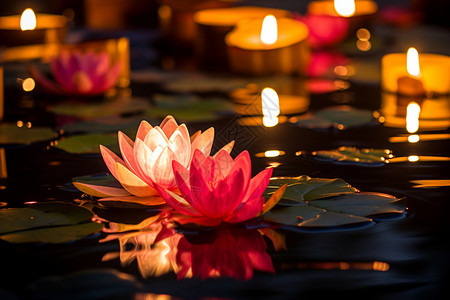 中元节祭拜湖上漂浮的蜡烛和粉色花朵背景