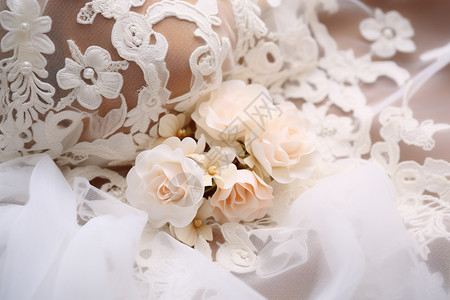 精美刺绣婚纱上的花朵背景图片