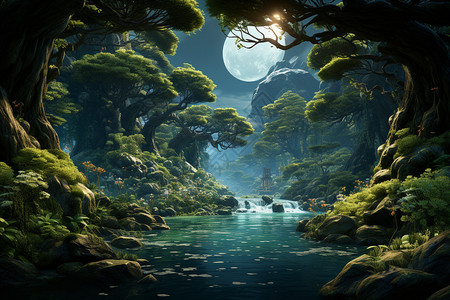 月夜下静谧的森林溪流图片