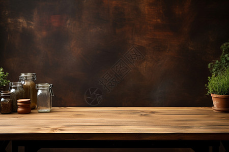 实木板厨房木质桌面上的调料瓶背景