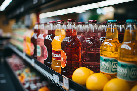 五彩缤纷的饮料陈列在超市货架上图片