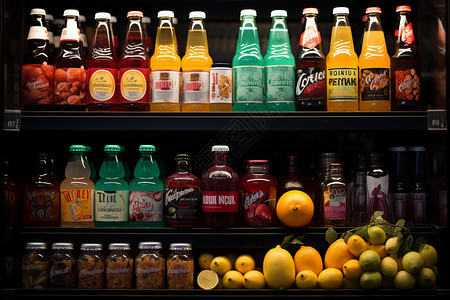 缤纷果汁缤纷饮品展示在超市货架上背景