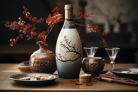 中式回形边框花瓶形酒罐和两个小酒壶背景