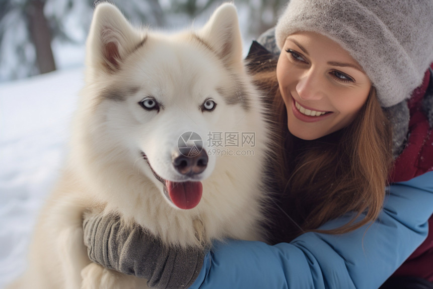 雪地中的哈士奇与主人图片