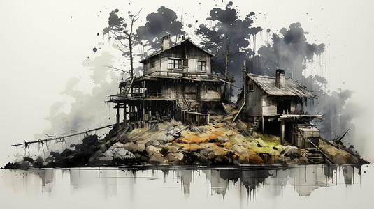 湖边的木屋泼墨风插画图片
