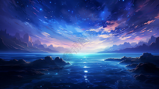 海上绚丽的星空插画图片
