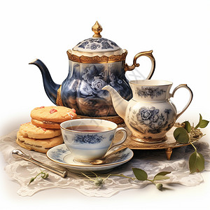 优美的茶具糕点水彩插画图片
