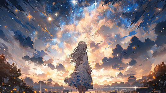 星空下的背影梦幻星空下的二次元少女插画