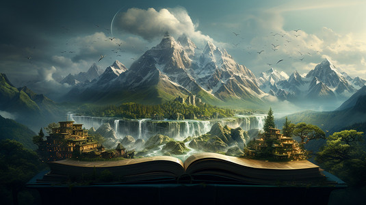 雪山瀑布翻开书籍中的雪山景观设计图片