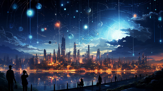 夜晚城市插画神秘梦幻的未来科技城市设计图片