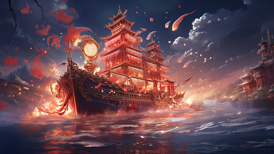 海上喜庆的酒楼游船背景图片